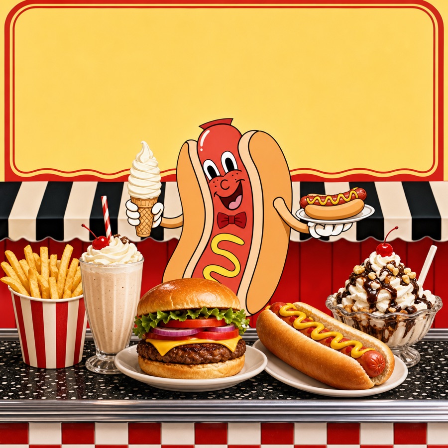Zapps mascot with burgers, hot dogs, fries, shakes and sundaes