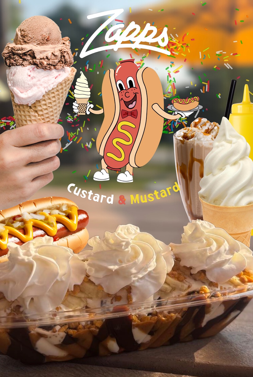 Zapps treats collage — cones, dogs, shakes and the famous banana split