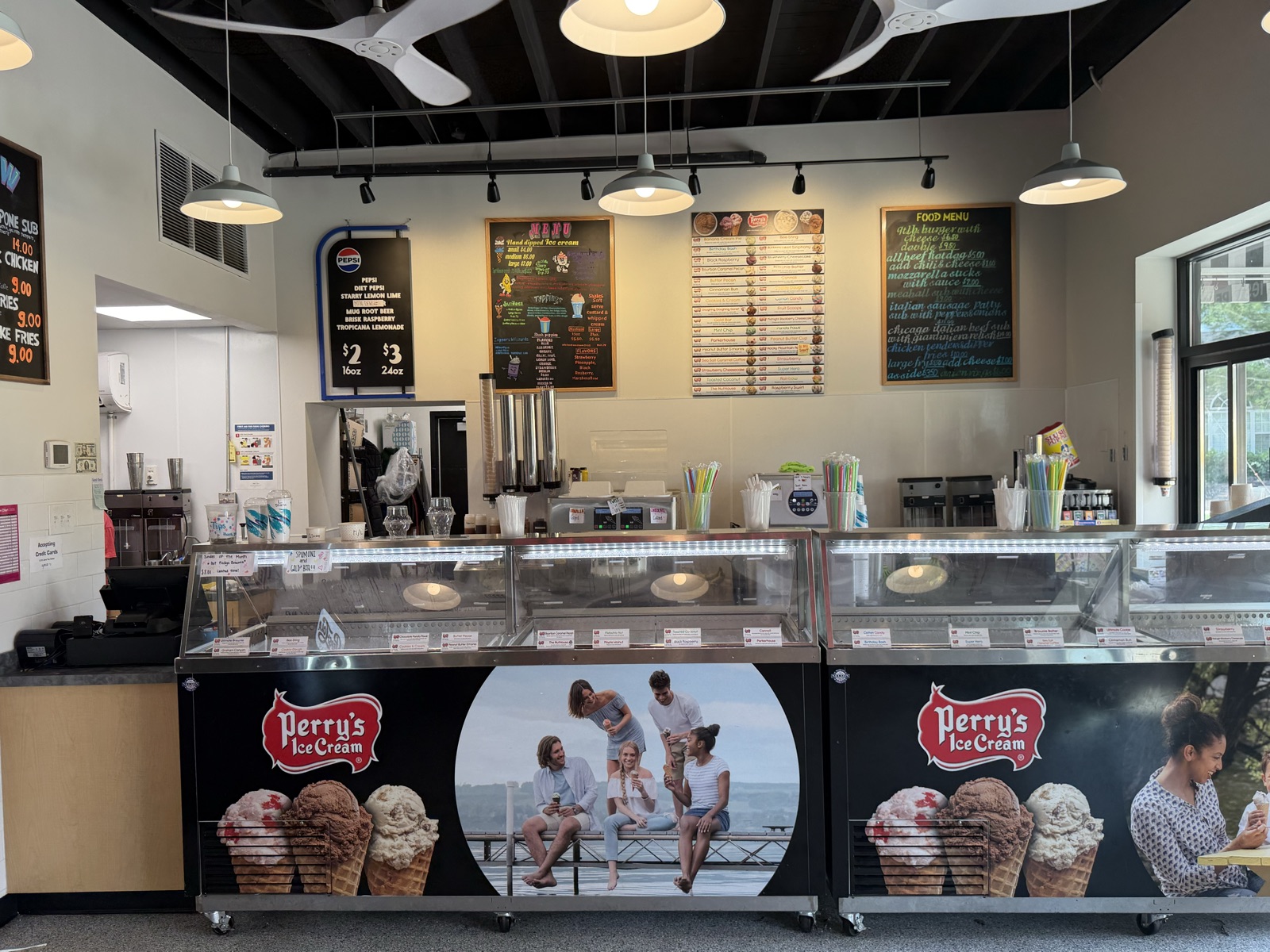 Inside Zapps — Perry's ice cream dipping cabinets and chalkboard menus
